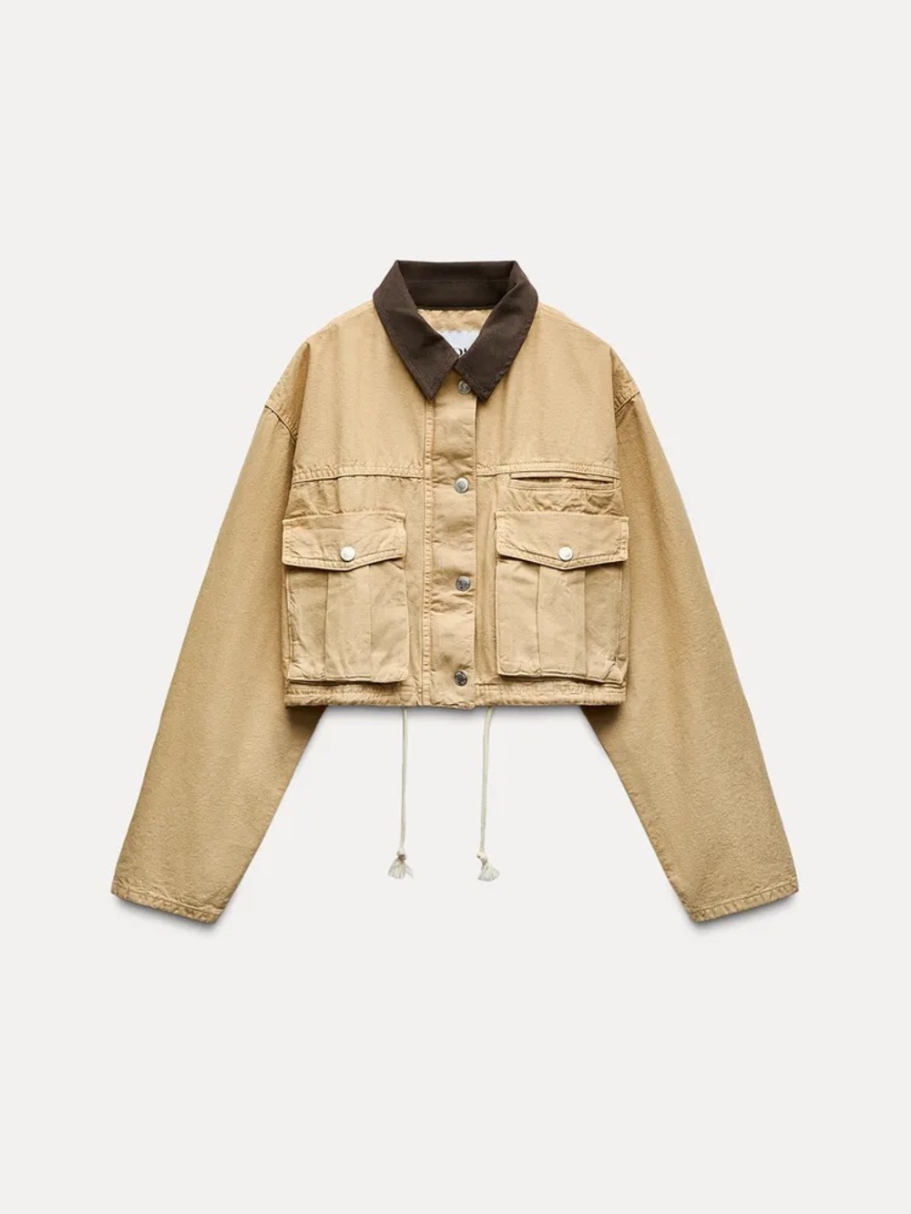 Zara Cropped Utility Jacket in Beige with Dark Brown Collar